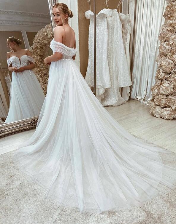 Off-the-Shoulder Sleeveless Sweep/Brush Train A-line Wedding Dresses DT1405