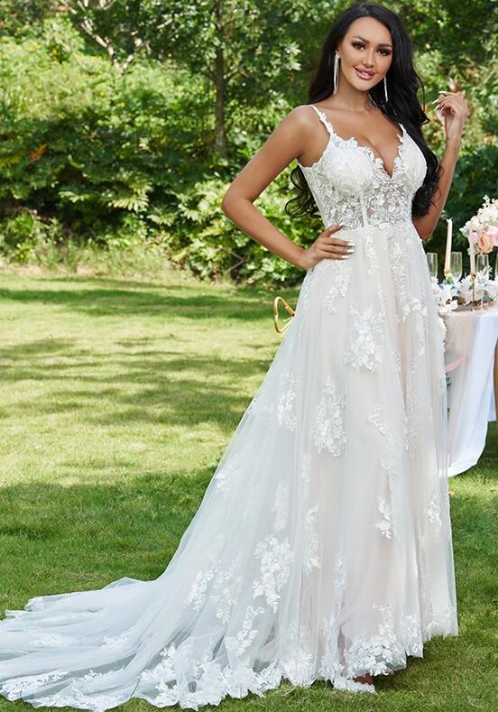 V-neck Sweep/Brush Train A-line Wedding Dresses DT1406