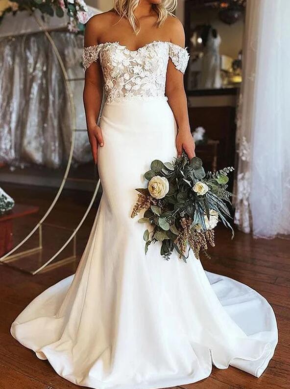 Off-the-Shoulder Sleeveless Sweep/Brush Train Mermaid Wedding Dresses DT1407