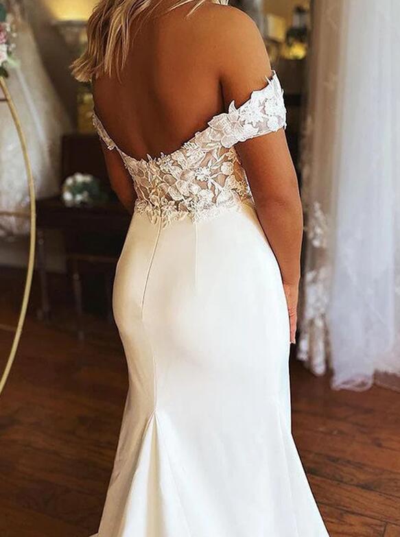 Off-the-Shoulder Sleeveless Sweep/Brush Train Mermaid Wedding Dresses DT1407