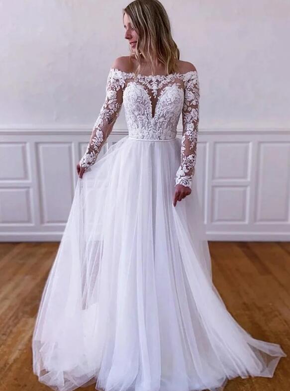 Off-the-Shoulder Long Sleeves Sweep/Brush Train A-line Wedding Dresses DT1408