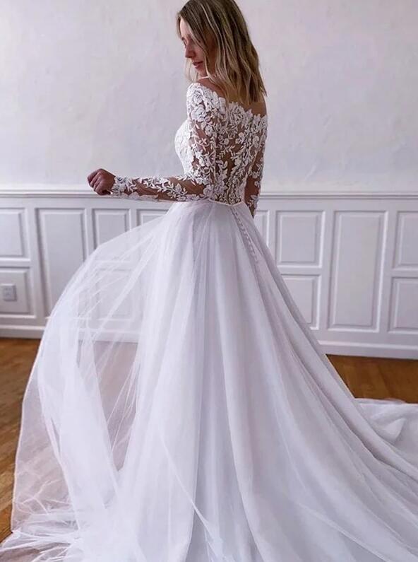 Off-the-Shoulder Long Sleeves Sweep/Brush Train A-line Wedding Dresses DT1408