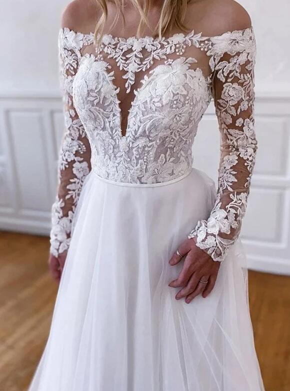 Off-the-Shoulder Long Sleeves Sweep/Brush Train A-line Wedding Dresses DT1408