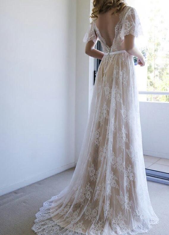 V-neck Short Sleeves Sweep/Brush Train Lace Wedding Dresses DT1410