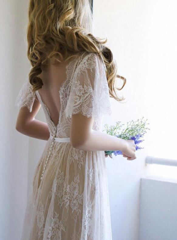 V-neck Short Sleeves Sweep/Brush Train Lace Wedding Dresses DT1410