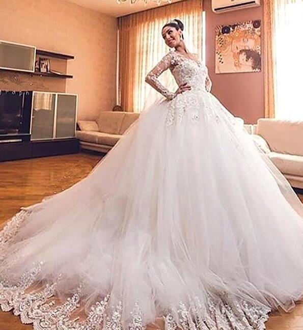 Ball Gown Long Sleeves Tulle V-neck Court Train Wedding Dresses DT1414
