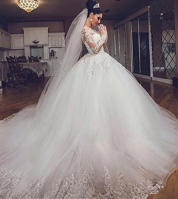 Ball Gown Long Sleeves Tulle V-neck Court Train Wedding Dresses DT1414
