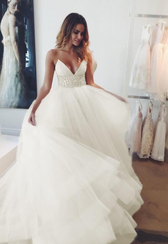 Spaghetti Straps Sleeveless Crystal Court Train Tulle A-line Wedding Dresses DT1416