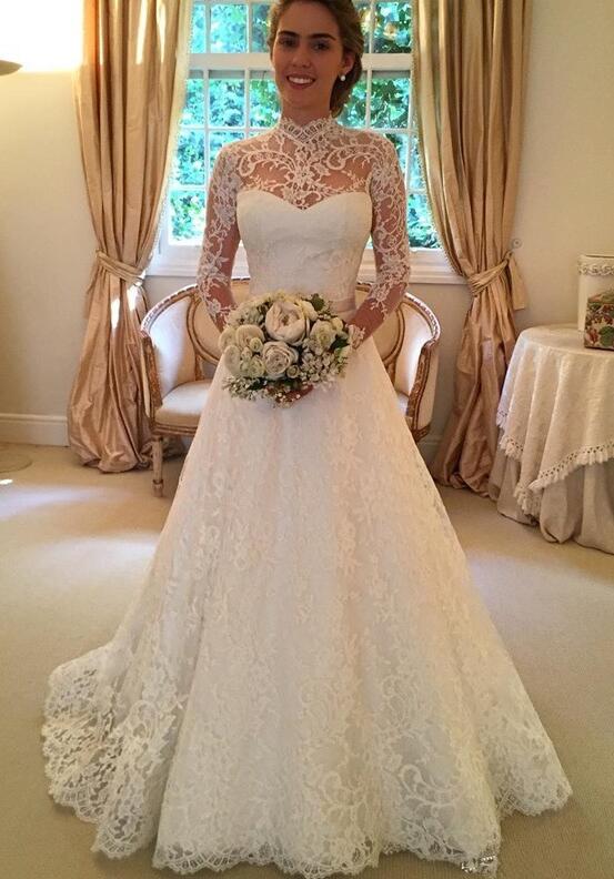High Neck Long Sleeves Lace Court Train A-line Wedding Dresses DT1417 DressesTailor High Neck Long Sleeves Lace Court Train A-line Wedding Dresses DT1417 DressesTailor