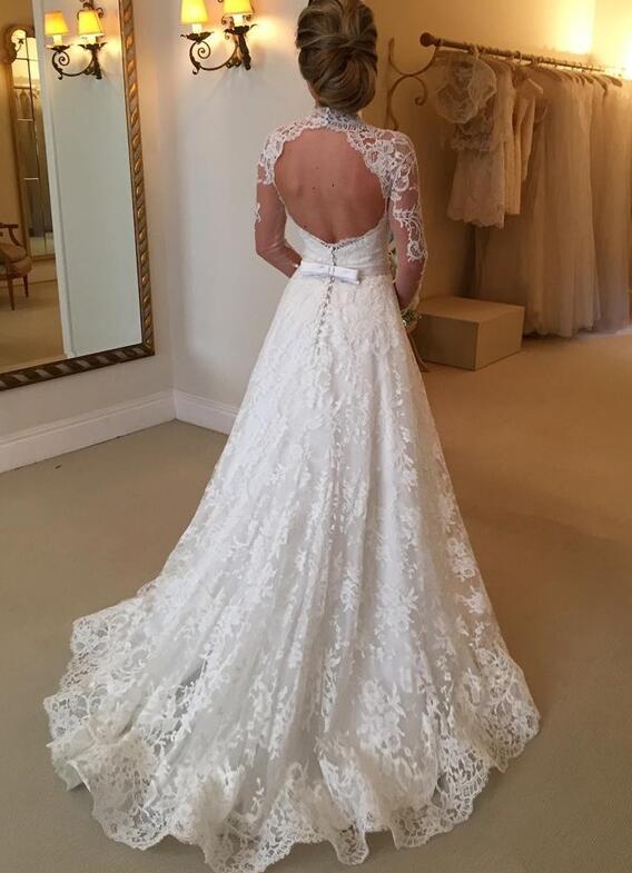 High Neck Long Sleeves Lace Court Train A-line Wedding Dresses DT1417