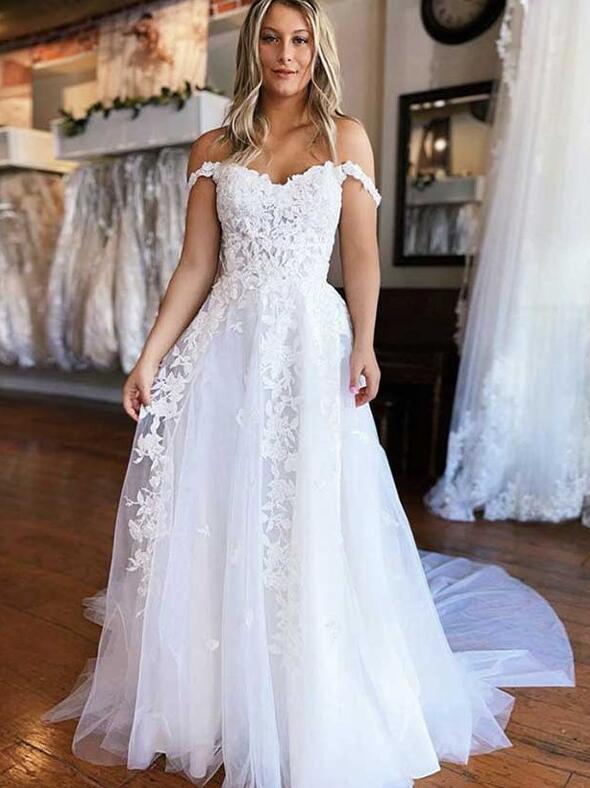 Off-the-Shoulder Sleeveless Court Train A-line Wedding Dresses DT1442