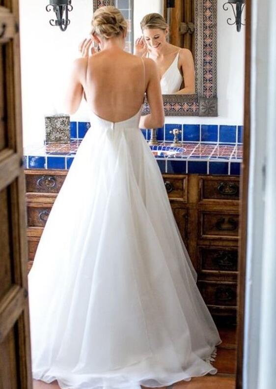 V-neck Sleeveless Sweep/Brush Train Ruffles A-line Wedding Dresses DT1444