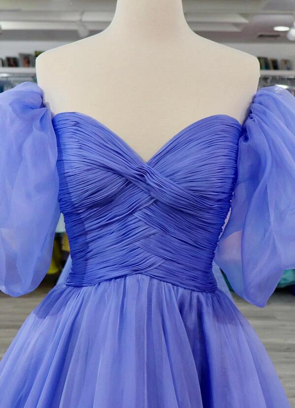 Off-Shoulder Puff Sleeves Pleated Long Prom Dress