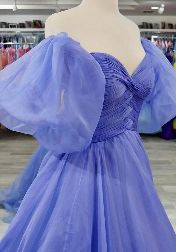 Off-Shoulder Puff Sleeves Pleated Long Prom Dress