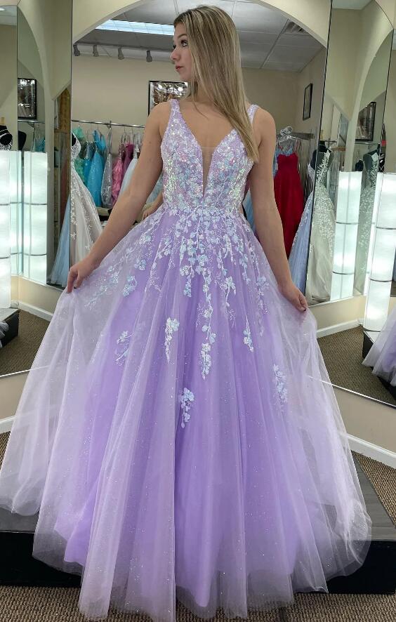 V-neck Open Back A-line Long Prom Dresses