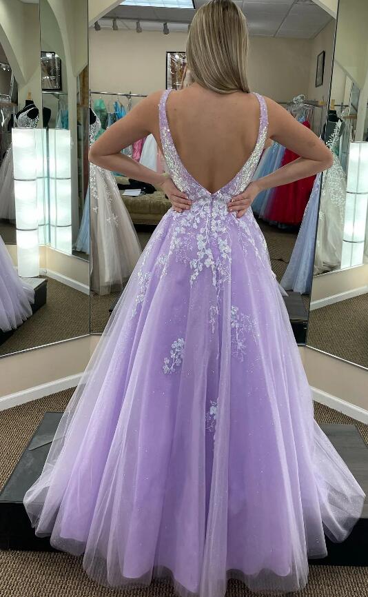 V-neck Open Back A-line Long Prom Dresses