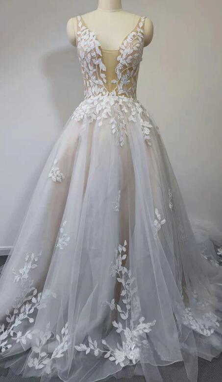 V-neck Sleeveless Open Back A-line Wedding Dresses DT1484