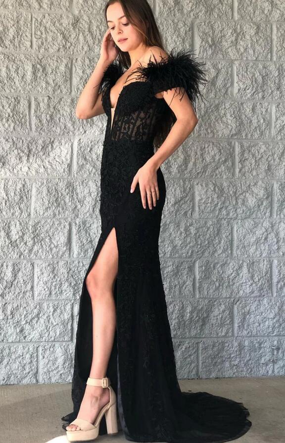 Mermaid Leaf Lace Long Prom Dress with Off the Shoulder Feathers Sleeves