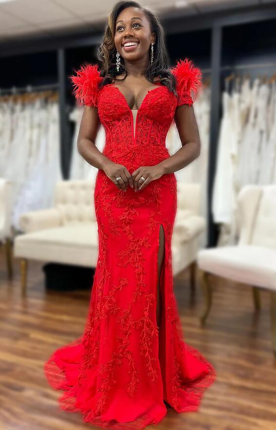 Mermaid Leaf Lace Long Prom Dress with Off the Shoulder Feathers Sleeves