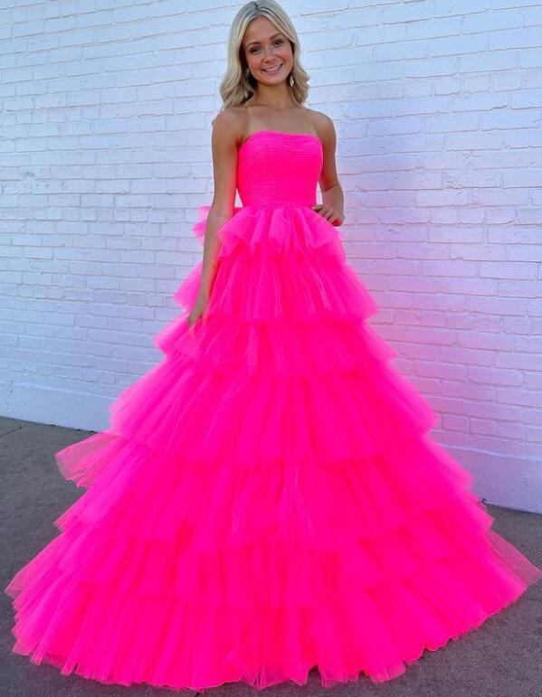 Strapless Ball Gown Tulle Prom Dresses Long with Ruffle Skirt