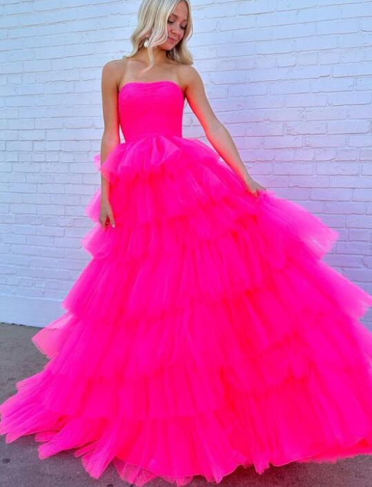 Strapless Ball Gown Tulle Prom Dresses Long with Ruffle Skirt