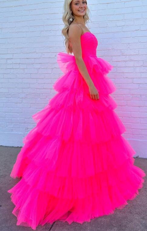 Strapless Ball Gown Tulle Prom Dresses Long with Ruffle Skirt