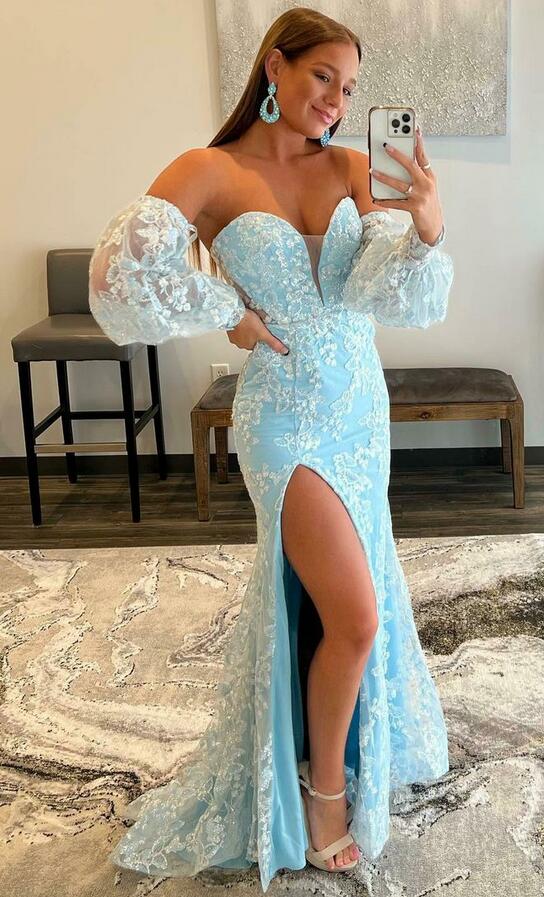 Strapless Mermaid Lace Prom Dresses Long with Removable Sleeves