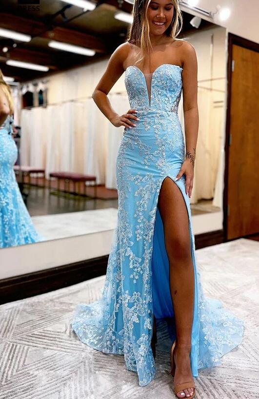Strapless Mermaid Lace Prom Dresses Long with Removable Sleeves