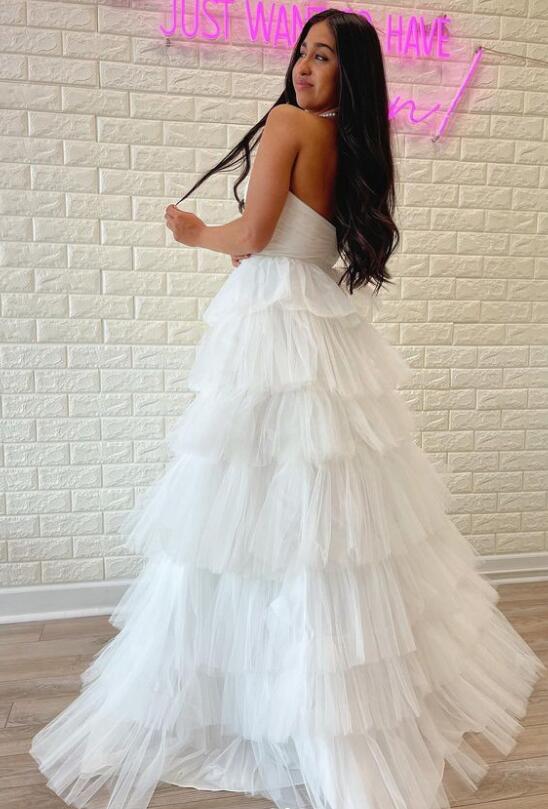 Strapless White Prom Dresses Long with Ruffle Skirt