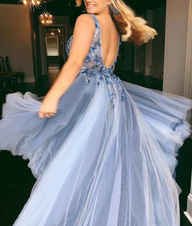 Open Back V-neck Tulle Prom Dresses Long with Beading and Flowers Top
