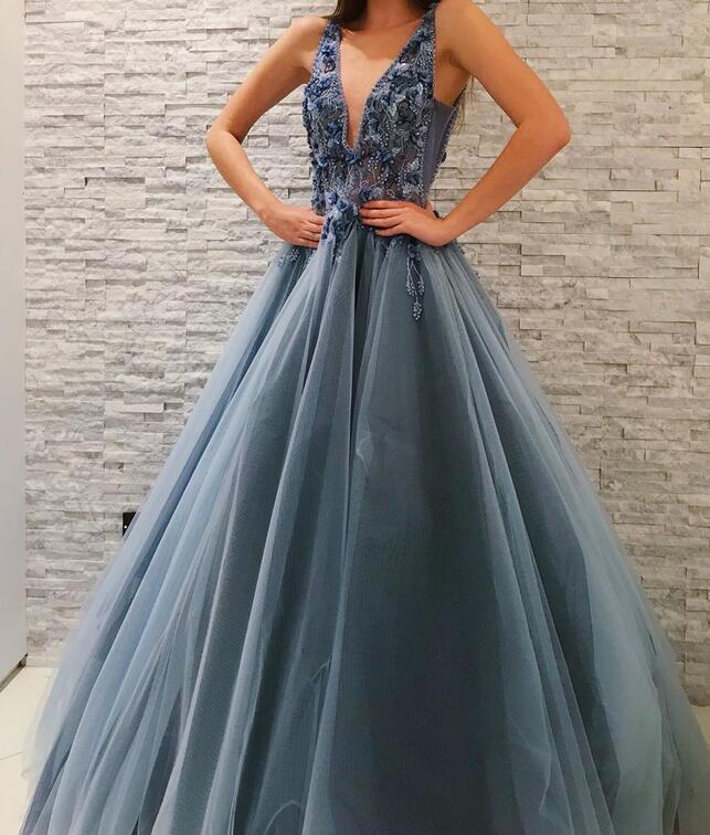 Open Back V-neck Tulle Prom Dresses Long with Beading and Flowers Top