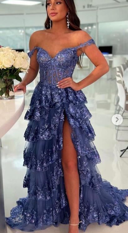 Tulle Sequins Long Prom Dress with Sheer Corset Bodice and Ruffle Skirt