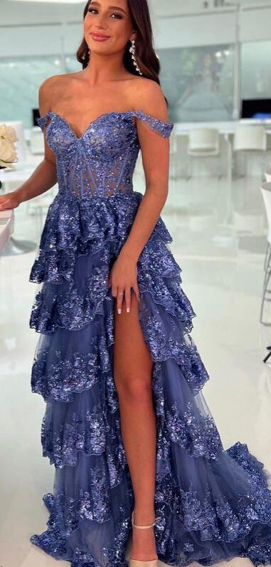 Tulle Sequins Long Prom Dress with Sheer Corset Bodice and Ruffle Skirt