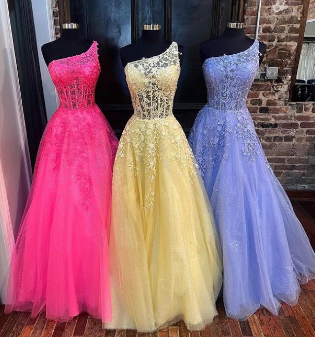 One Shoulder Sparkly Tulle/Lace Long Prom Dress