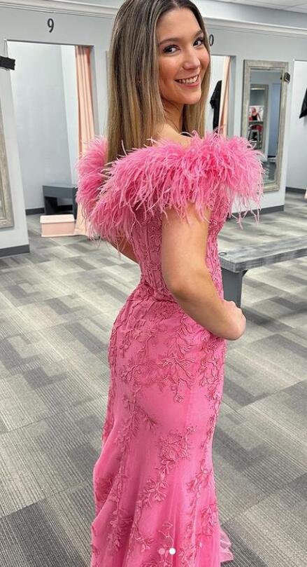 Mermaid Leaf Lace Long Prom Dress with Feathers Sleeves