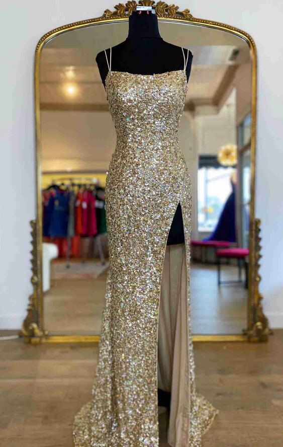 Sparkly Sequins Long Prom Dress with Slit