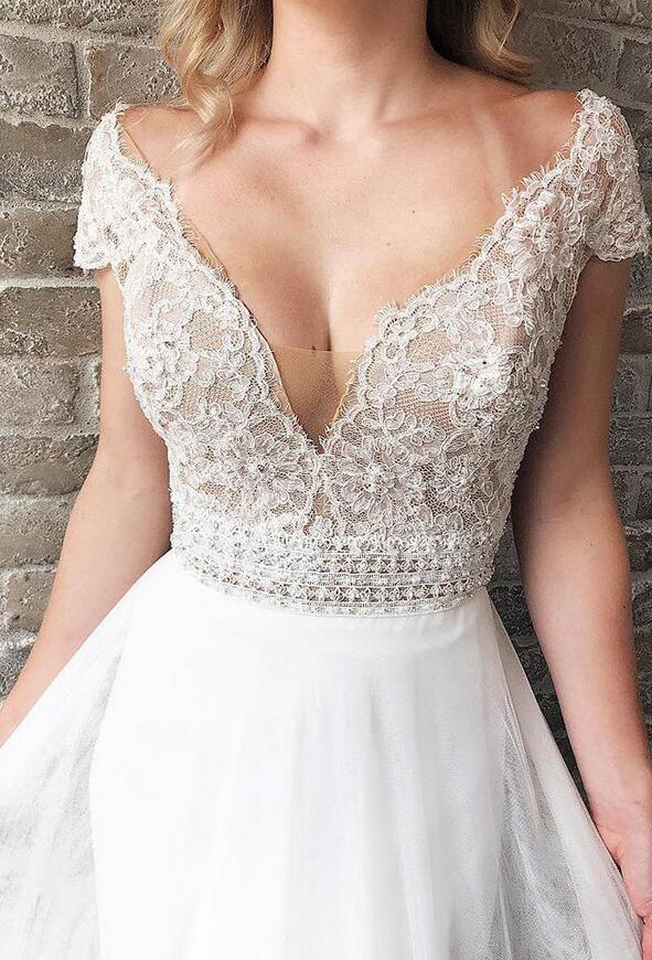 Cap Sleeves A-line V-Neck Wedding Dress DT1568