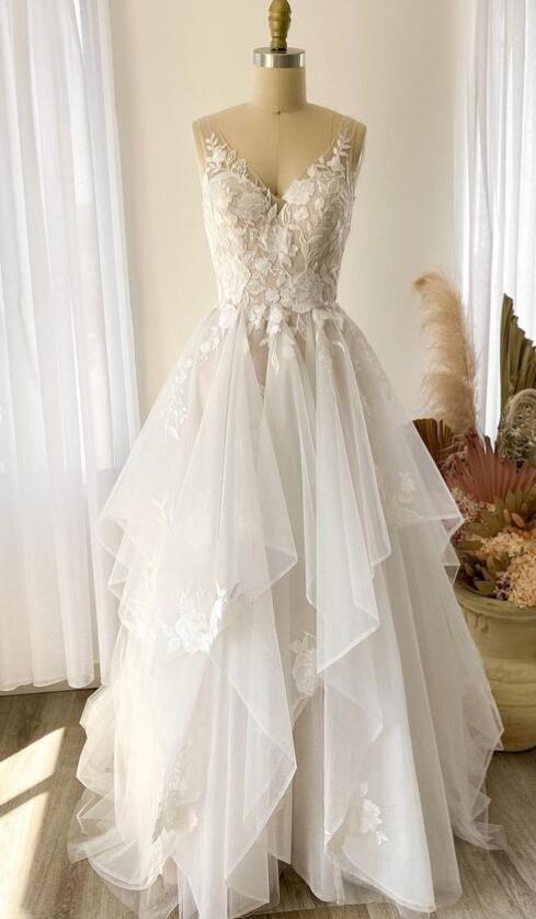 V-neck A-line Tulle/Lace Wedding Dresses DT1573