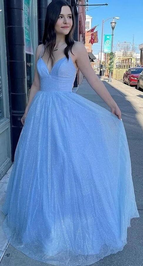 V-neck A-line Sparkly Long Prom Dresses