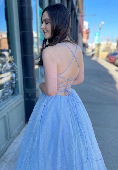 V-neck A-line Sparkly Long Prom Dresses