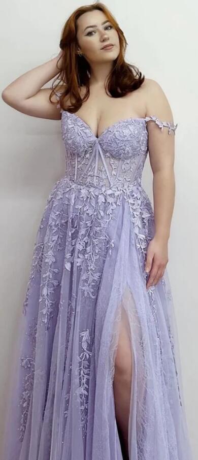 Off the Shoulder Leaf Lace Long Prom Dresses