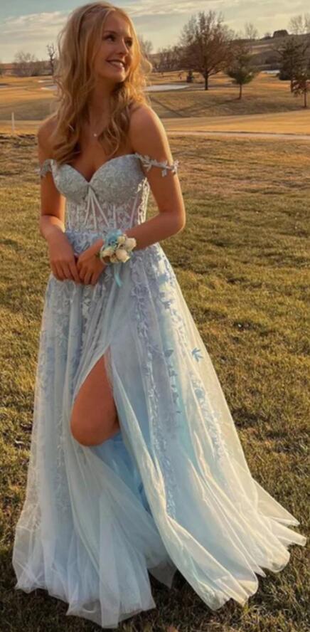 Off the Shoulder Leaf Lace Long Prom Dresses