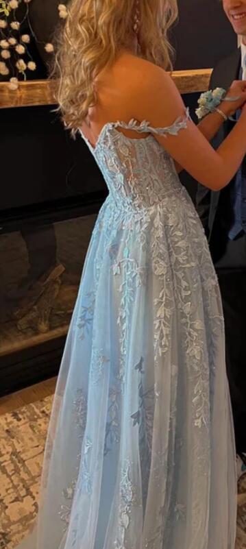 Off the Shoulder Leaf Lace Long Prom Dresses