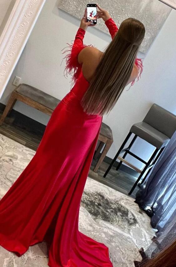 Red Detachable Long Sleeves Long Prom Dress with Feathers
