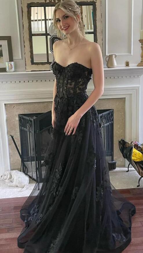 Black Strapless Long Tulle/Lace Prom Dress