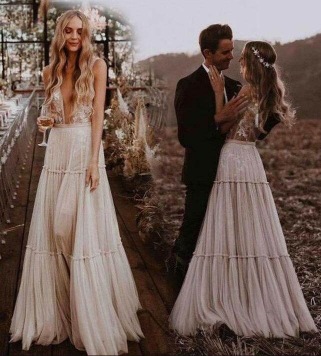 Deep V-neck Sexy A-line Beach Wedding Dresses DT1595