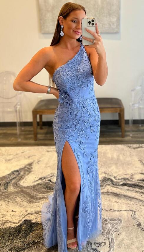 One Shoulder Leaf Lace Long Prom Dresses with Slit