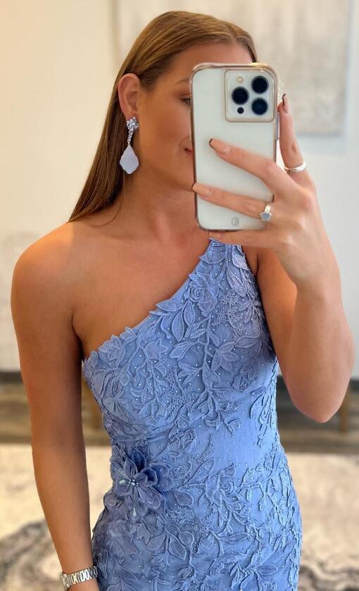 One Shoulder Leaf Lace Long Prom Dresses with Slit