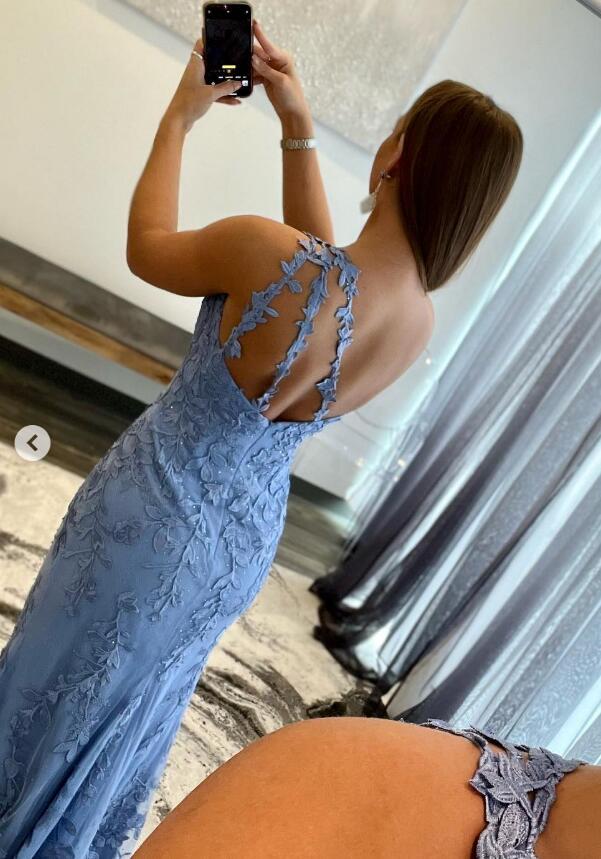 One Shoulder Leaf Lace Long Prom Dresses with Slit