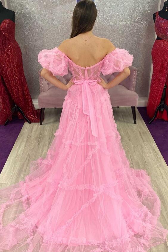 Tulle Long Prom Dress with Sheer Corset Bodice and Off the Shoulder Sleeves